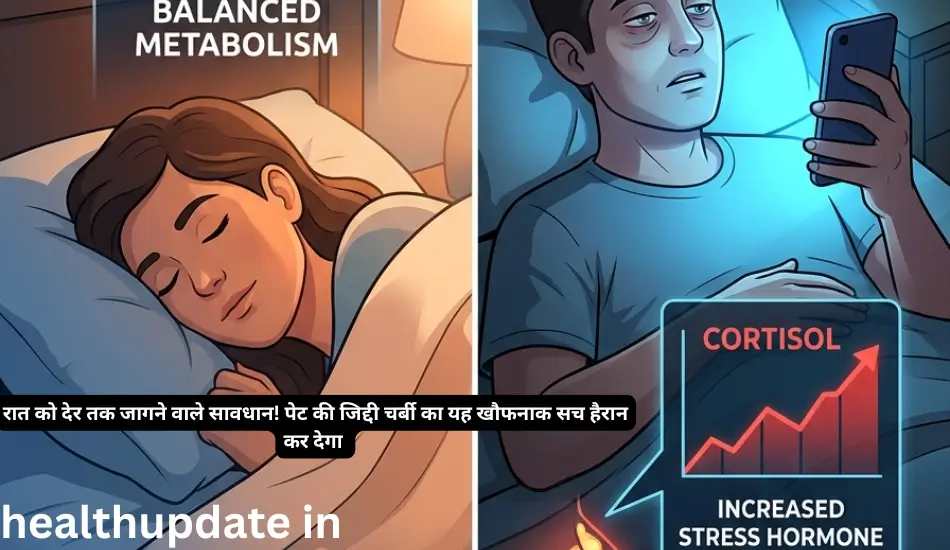 नींद की कमी और पेट की चर्बी के वैज्ञानिक संबंध को दर्शाता हुआ इन्फोग्राफिक चार्ट