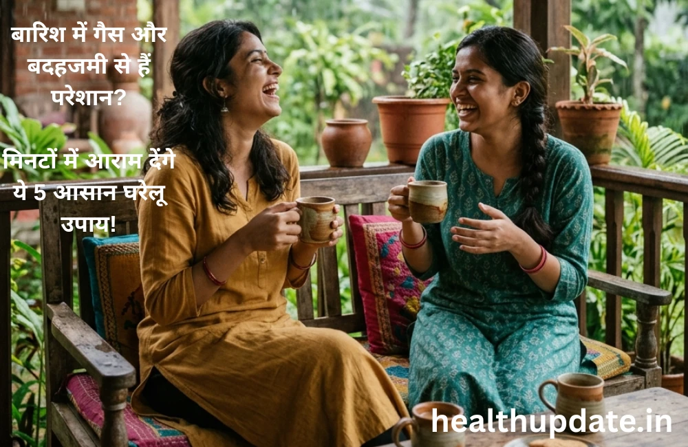 बारिश के मौसम में गर्म हर्बल चाय पीती दो महिलाएं - पेट की गैस और बदहजमी के घरेलू उपाय healthupdate.in