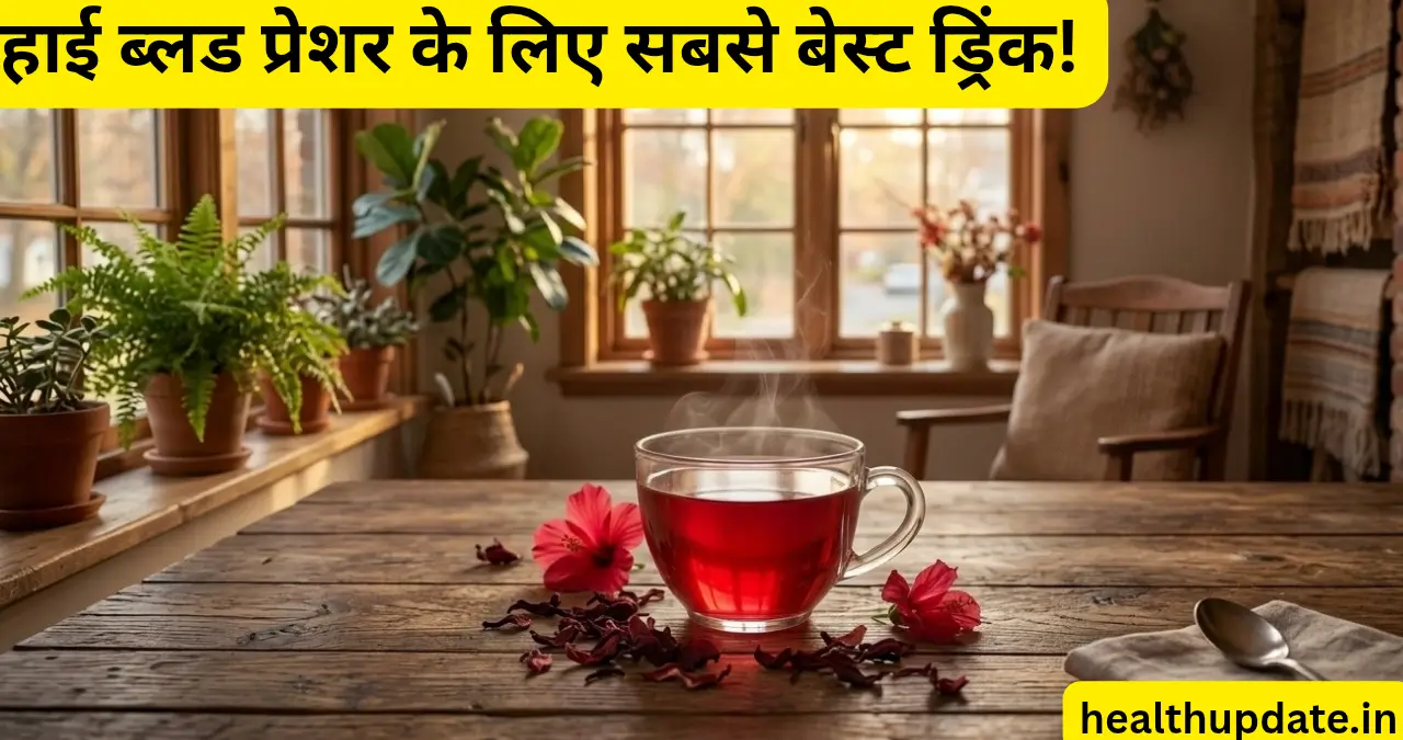 A steaming clear glass cup of red hibiscus tea on a rustic wooden table, surrounded by dried petals, for lowering high blood pressure.