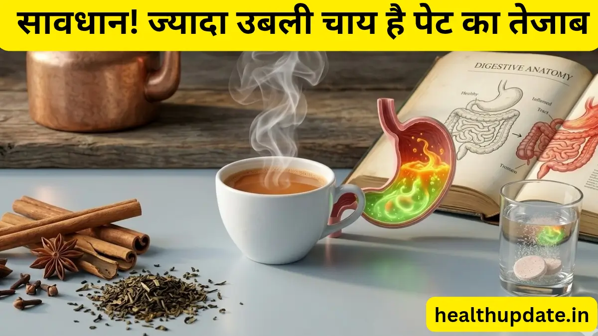 Chai ko jyada ubalne ke nuksan infographics showing acidity in human stomach next to a hot tea cup, safe tea making tips for gut health.